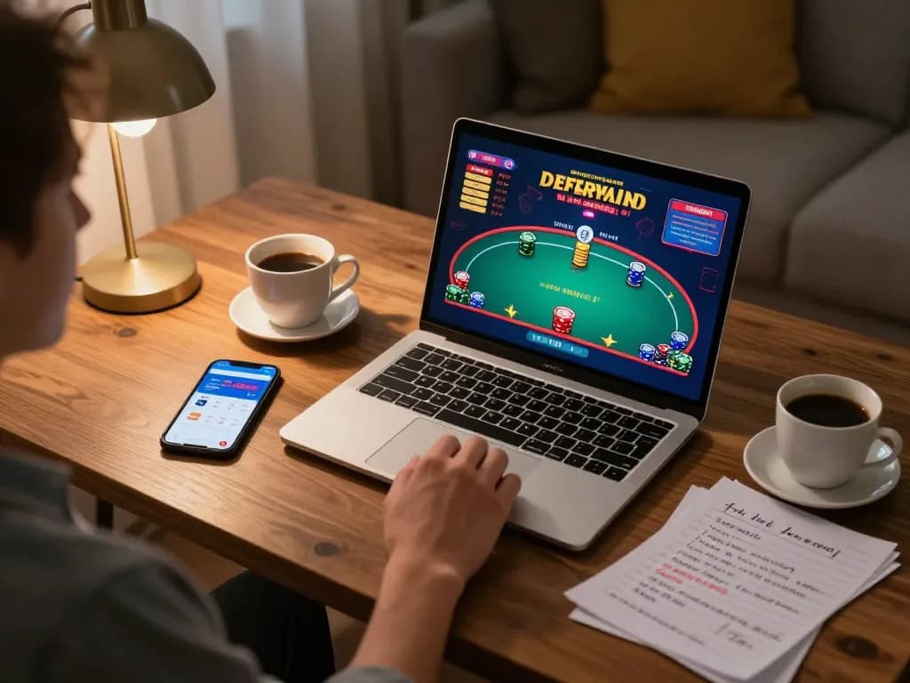 Playing VIPWIN casino games online with vibrant graphics in a cozy home setup.