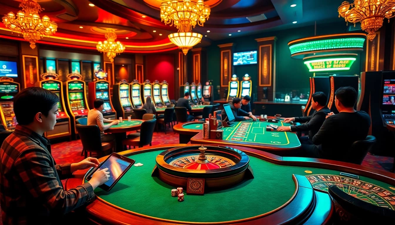 Players enjoying a vibrant gambling scene at 9bet.com, featuring poker tables and slot machines.