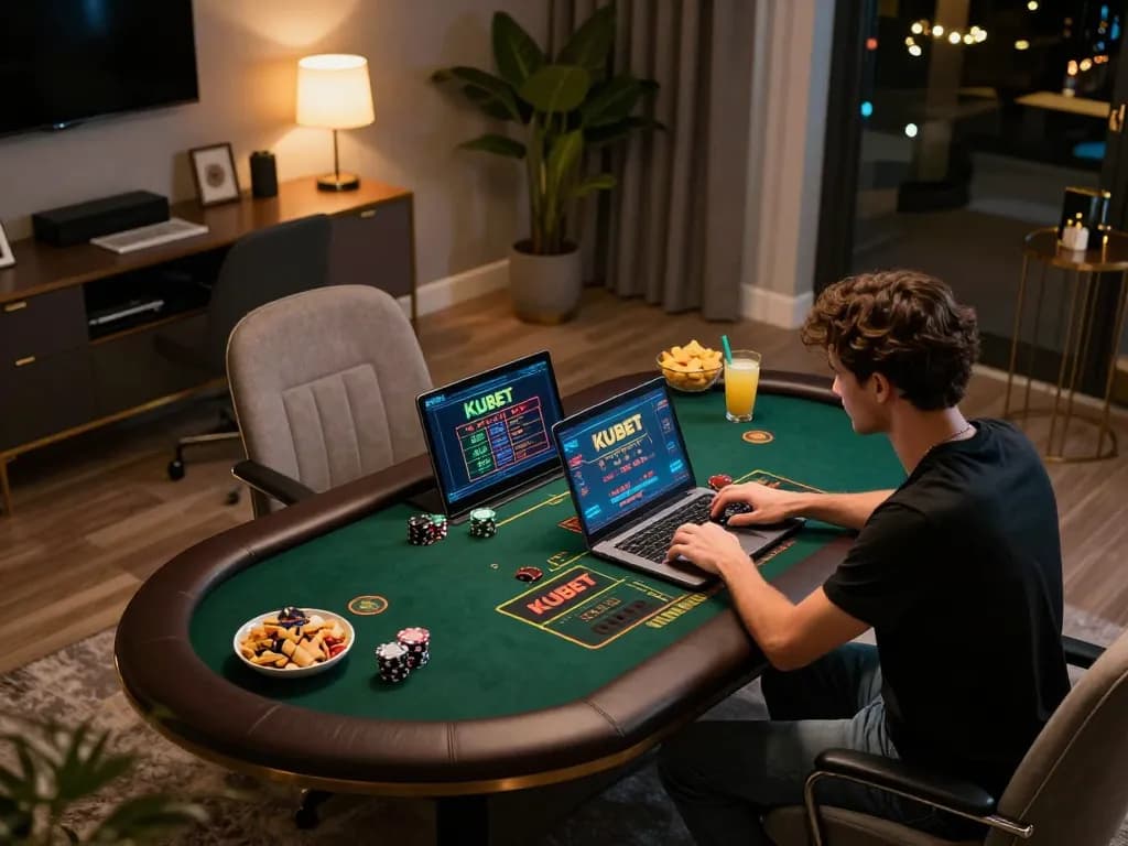 KUBET player enjoying a live dealer game in a stylish home office setup, enhancing online gambling experience.