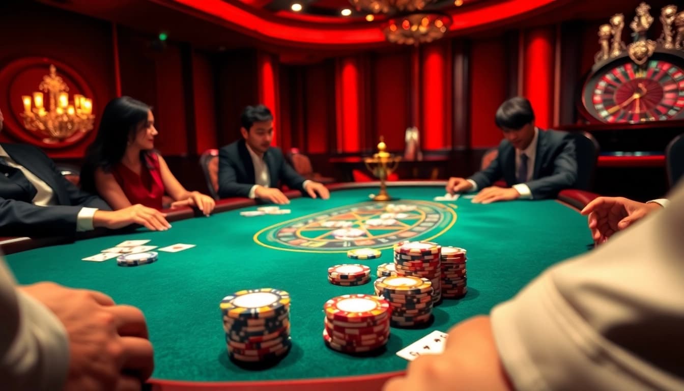 Experience the thrilling atmosphere of OK 8386 with engaged poker players at an exciting casino table.