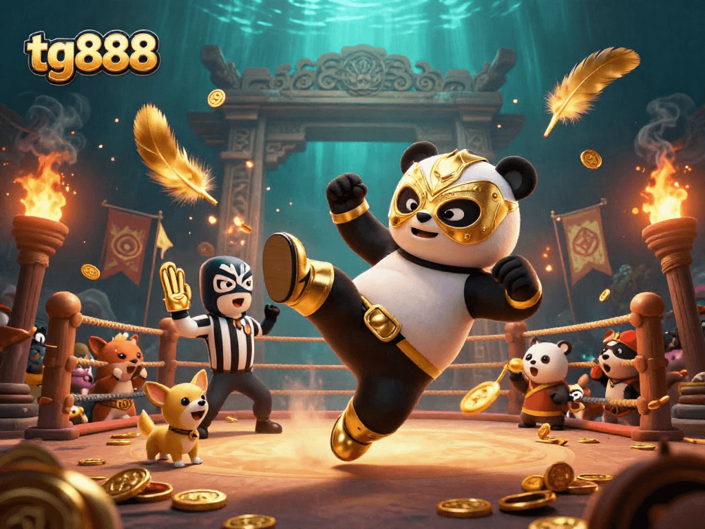 Engage in thrilling action with tg888 as the panda wrestler takes flight amid excitement.