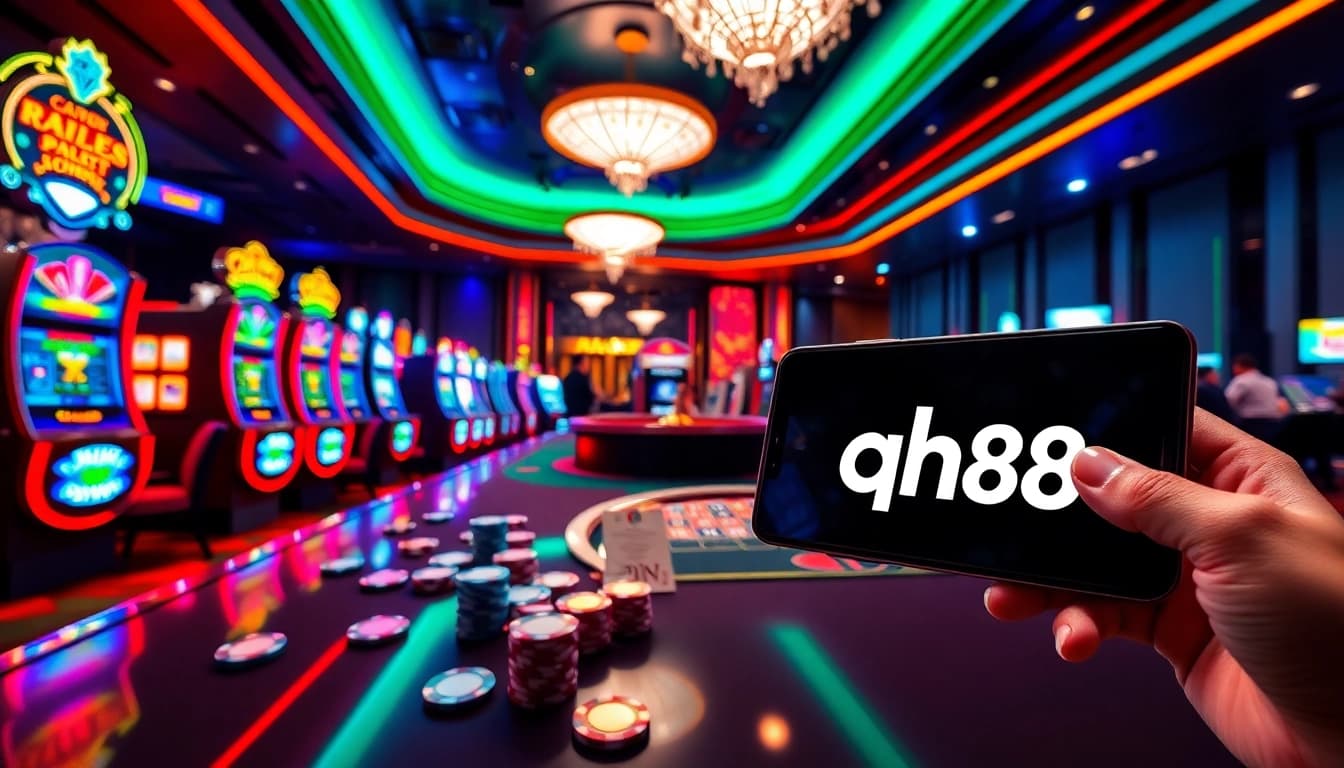 Players enjoying high-stakes action at a qh88 casino table with vibrant slot machines and roulette.