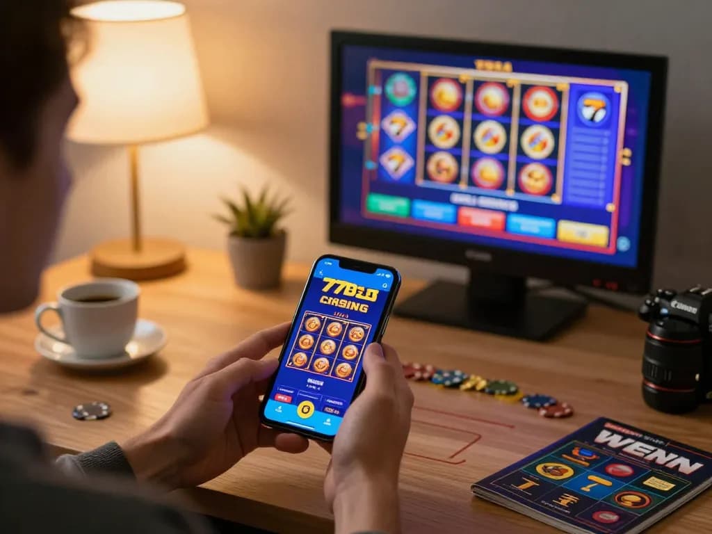 Engaging with the 77bet casino app on a smartphone in a relaxed home setting.