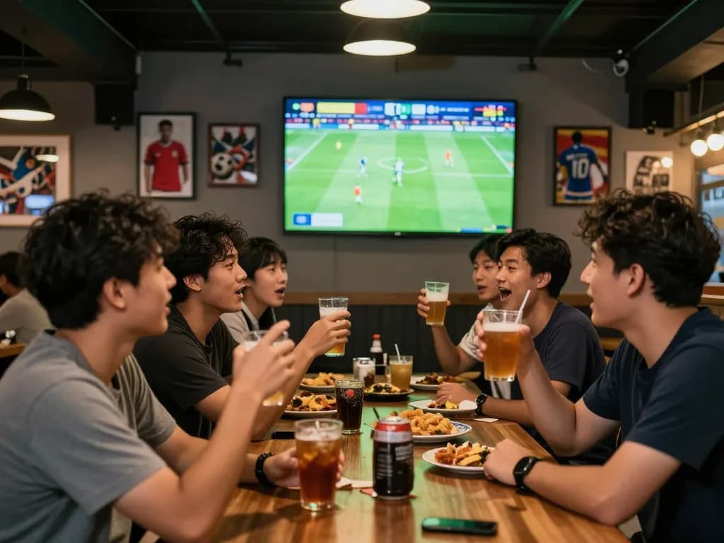 Cá độ bóng đá enthusiasts enjoying a lively match at a sports bar.