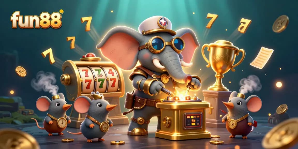 Win big with fun88 at a vibrant steampunk casino scene filled with slot machines and golden elements.