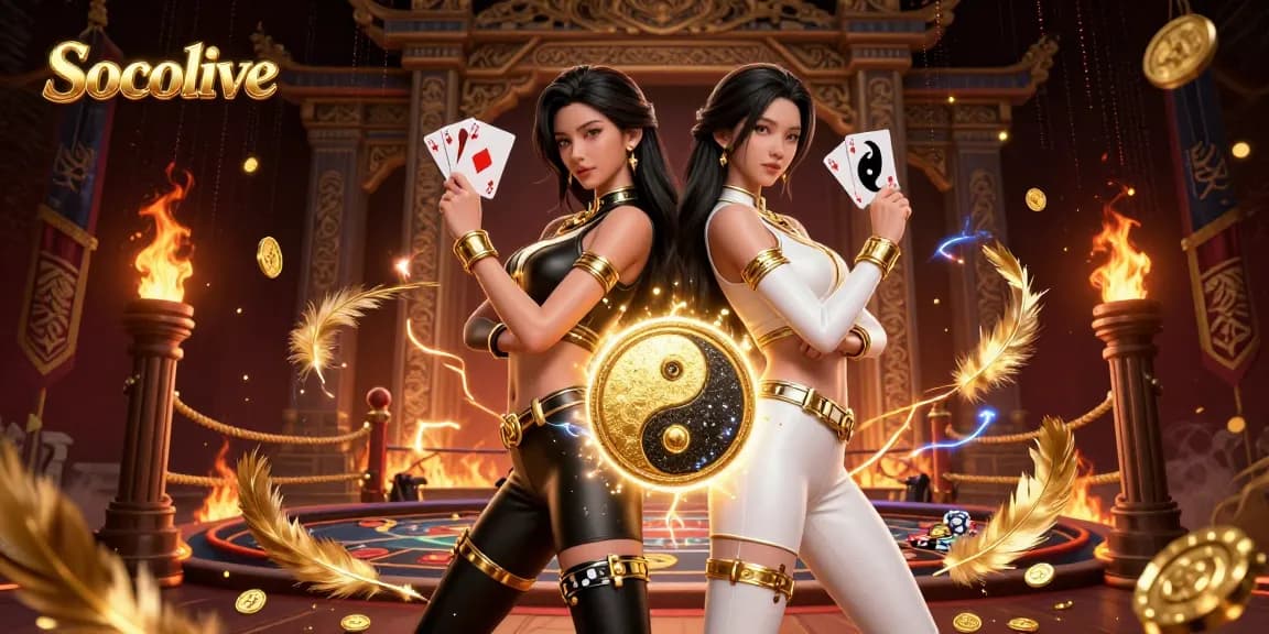 Socolive showcases a stunning 3D illustration of twin Asian women in an energetic casino showdown, glowing with vibrant colors.