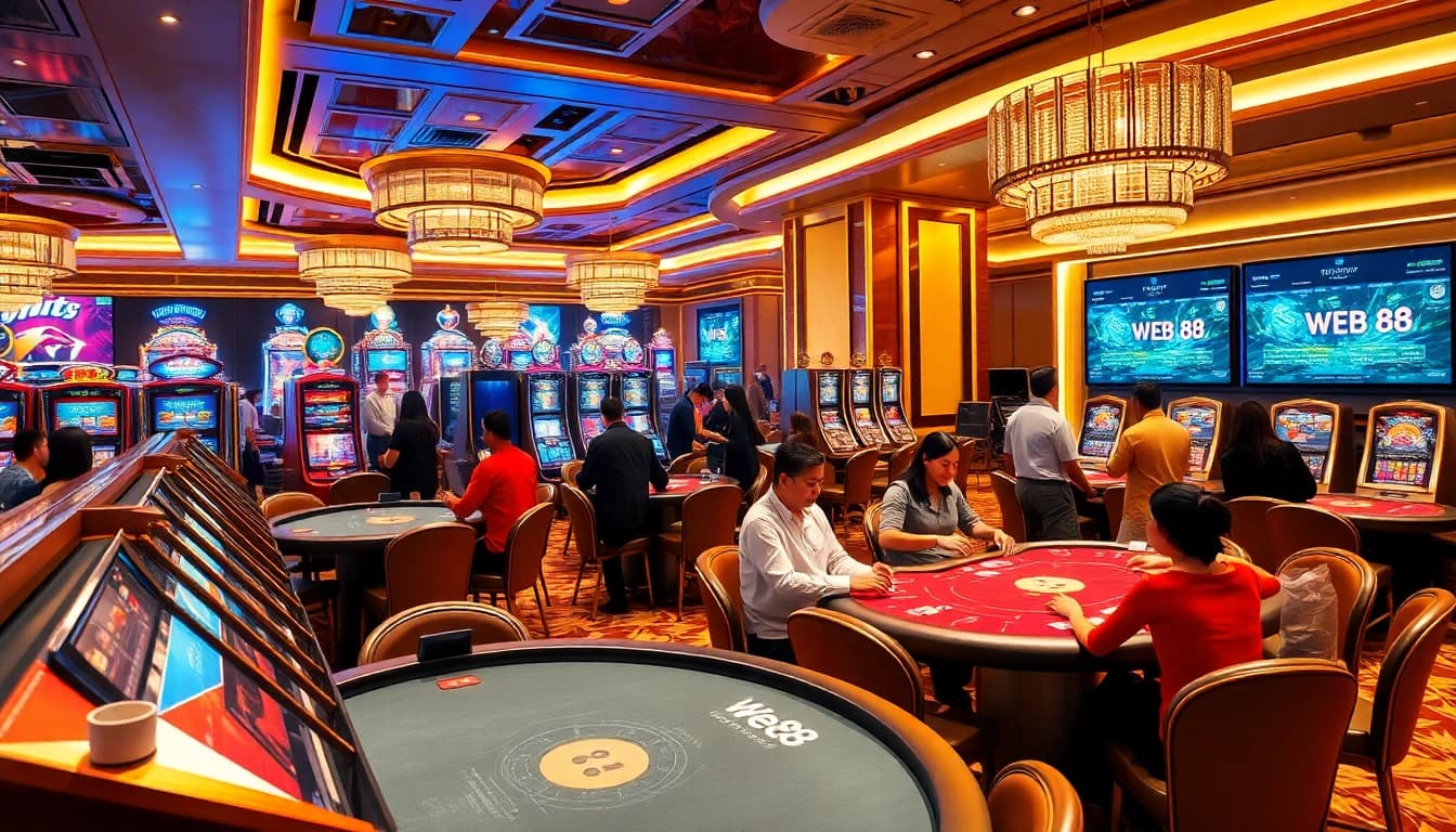 Casino scene with diverse players enjoying exciting games at WE88, featuring slot machines and blackjack tables.