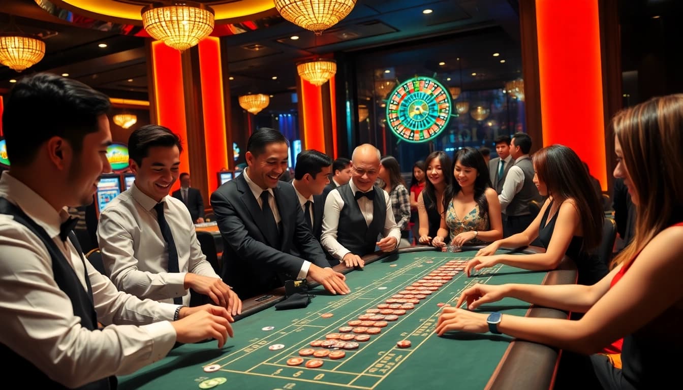 Engaging players at Nhà cái TG88 casino table amidst vibrant gaming environment.
