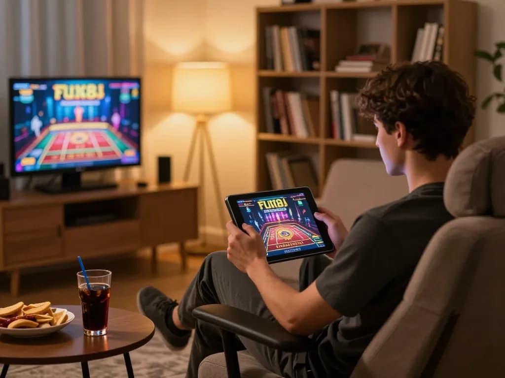 Engaged user playing fun88 online casino on tablet with warm, inviting lighting