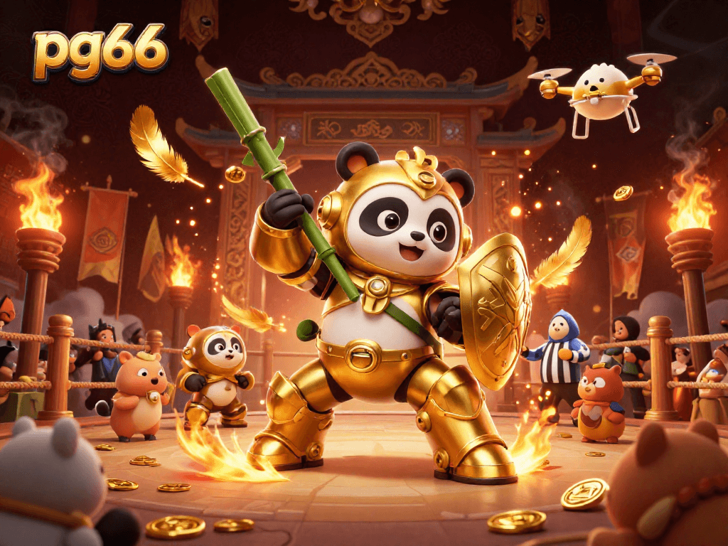 Experience thrilling action at pg66, with a golden panda piloting a fighting robot in an exciting cockfighting arena.