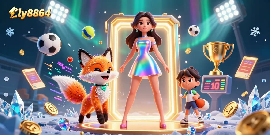 Experience fly8864's vibrant gaming atmosphere with colorful characters amidst dynamic sports action.