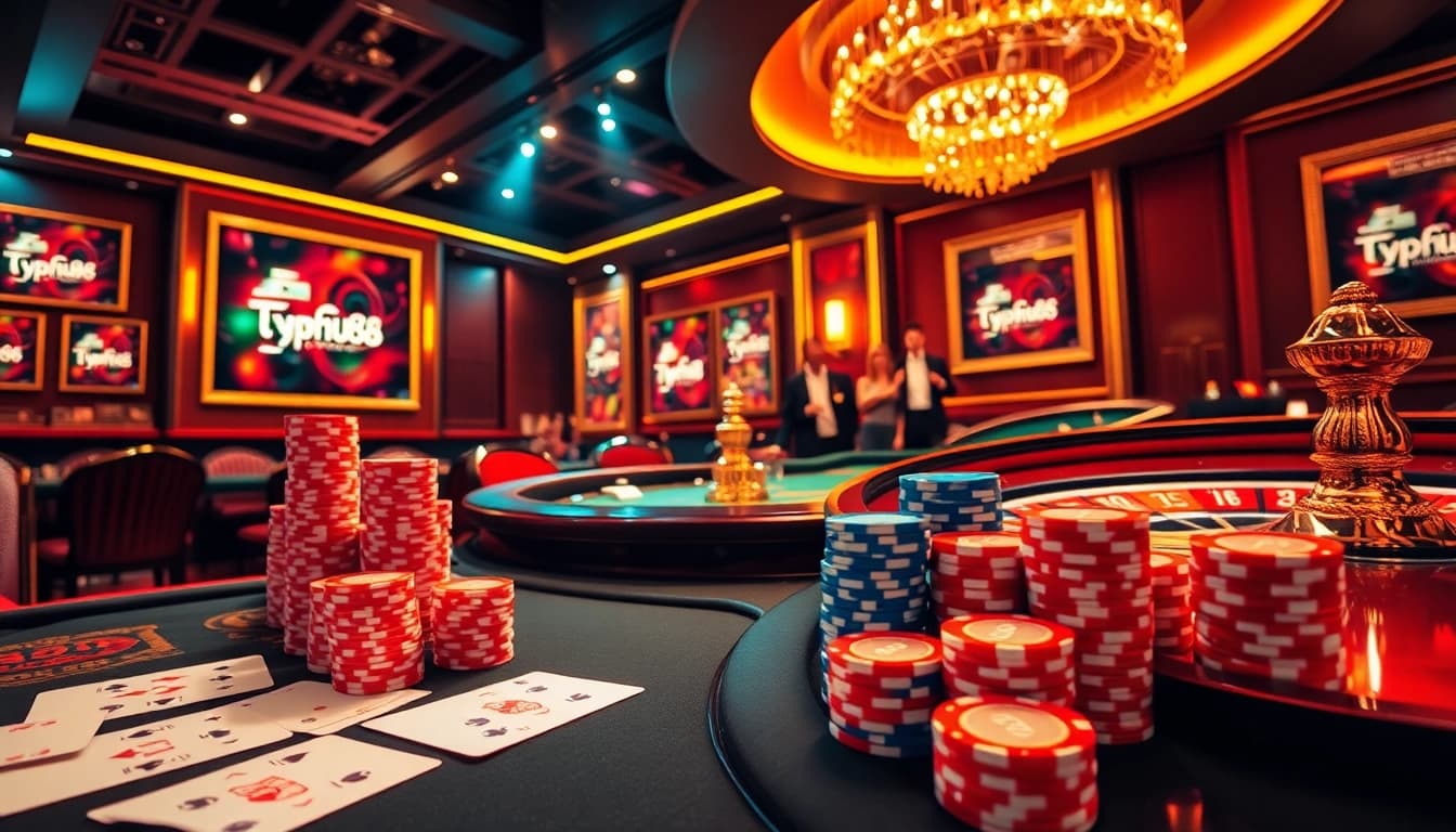 Players engaging in a thrilling game at typhu88 casino table amidst a glamorous atmosphere.