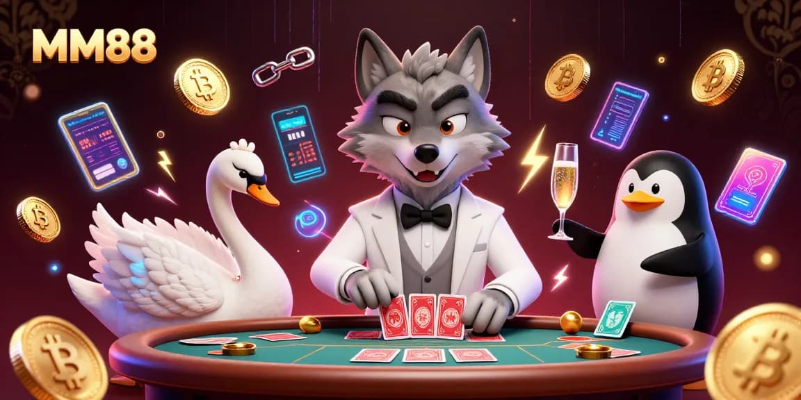 Win big at MM88 with a charming wolf, elegant swan, and sommelier in a vibrant casino scene full of energy.