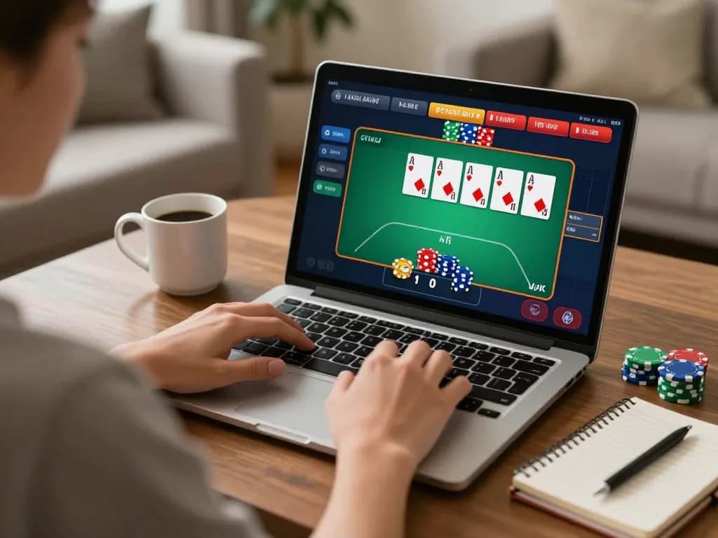 Engaging in online poker at home with go8, showcasing strategic gameplay on a laptop in a cozy setting.