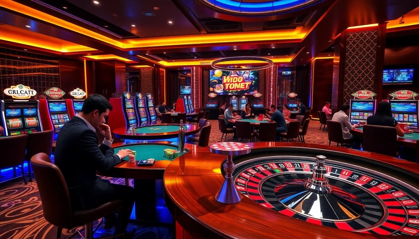 Players enjoying high-stakes games at vu88 com online casino with vibrant atmosphere.