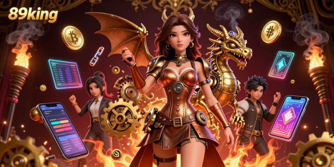 Engage with 89king in this vibrant 3D casino illustration blending steampunk aesthetics with crypto elements.