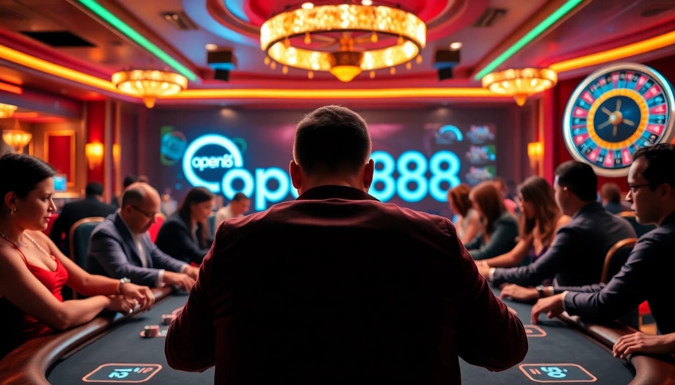 Cautiously betting at open88 poker table in a lively casino atmosphere, showcasing excitement and luxury.