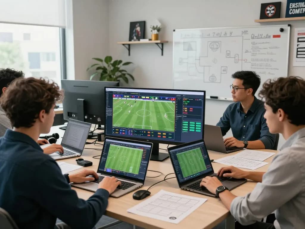 Football analysts at NOWGOAL tracking live scores and statistics in a modern office.