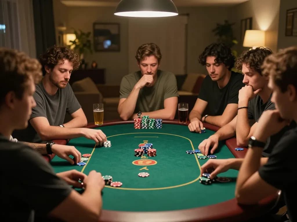Players enjoying an immersive poker night at home, demonstrating strategic gameplay with chips and cards, LLWIN gaming experience.