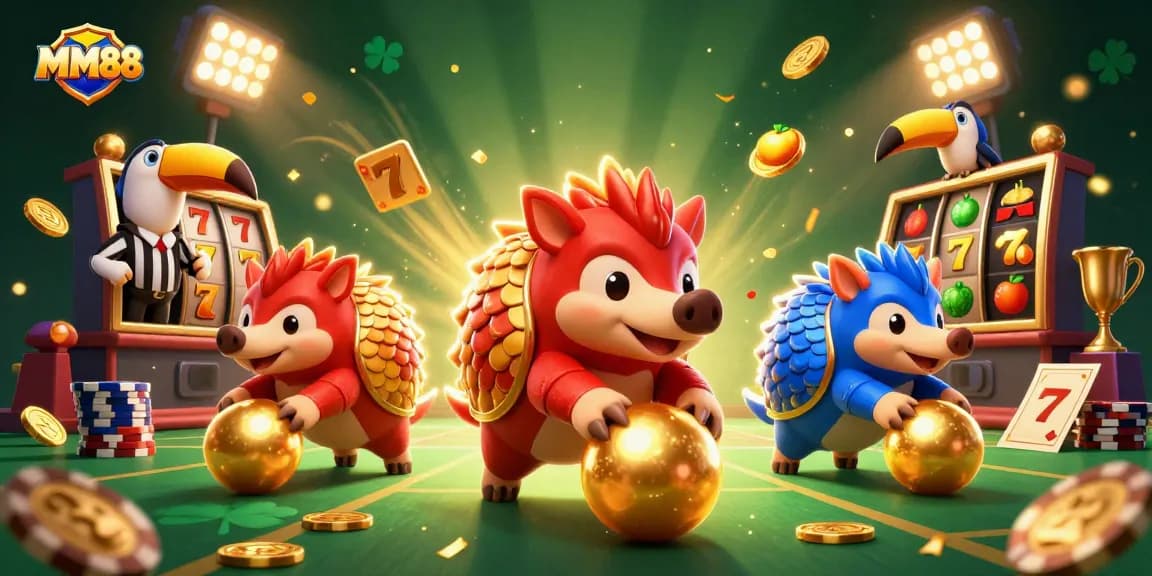 Engage in thrilling gameplay at MM88 with vivid pangolin rivals amid golden slots and dynamic casino elements.