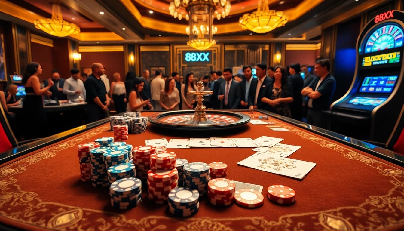 Experience the excitement of 88XX BET through vibrant casino gaming with cards, chips, and a roulette wheel.