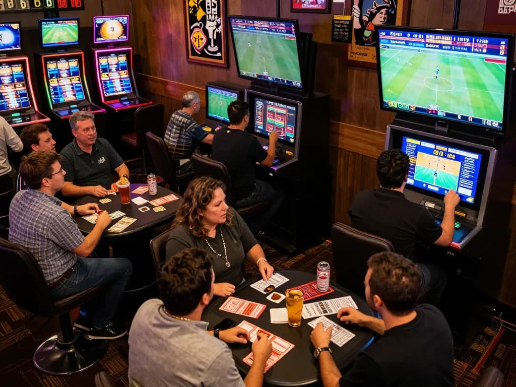 Betting action with patrons excitedly placing wagers on sports using the debet app in a crowded casino.