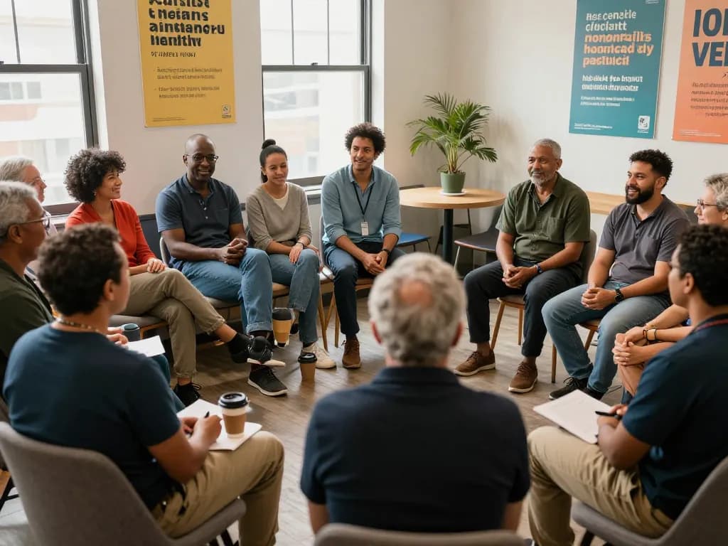 Men engaging in open discussions at a manclub community gathering, fostering support and connection.