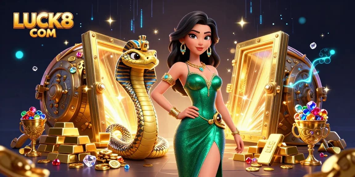 Engage with LUCK8 COM through this captivating 3D casino scene showcasing a glamorous woman and golden elements.