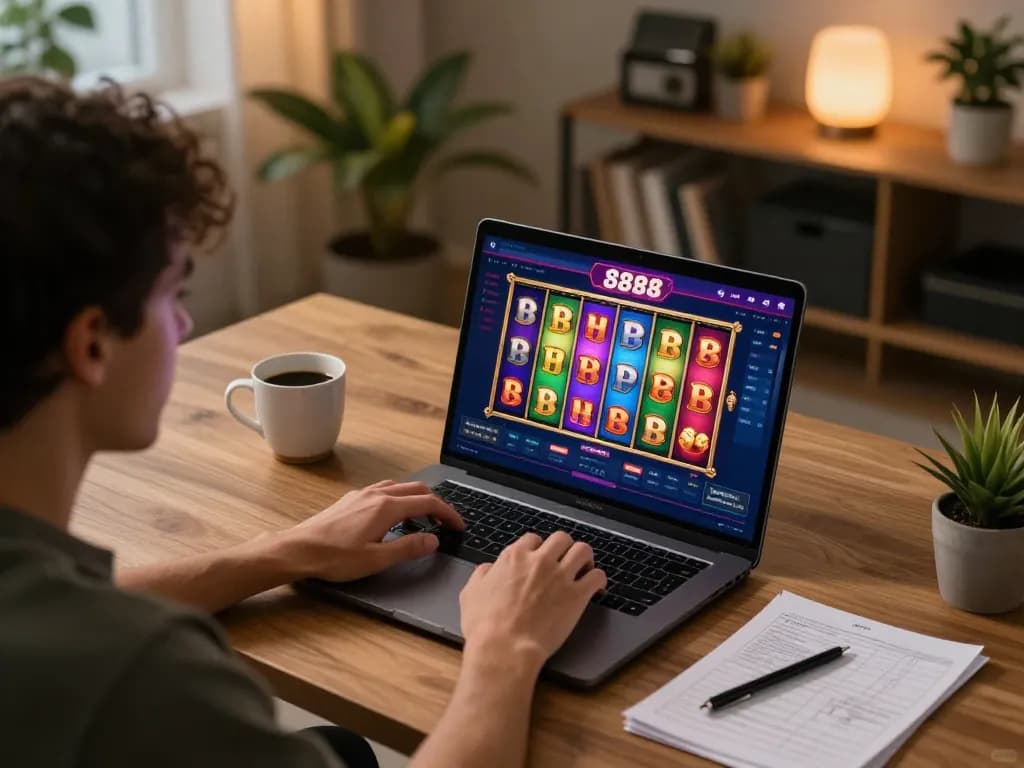Player enjoying an exciting slot88 session on a laptop with vibrant visuals and strategy notes.