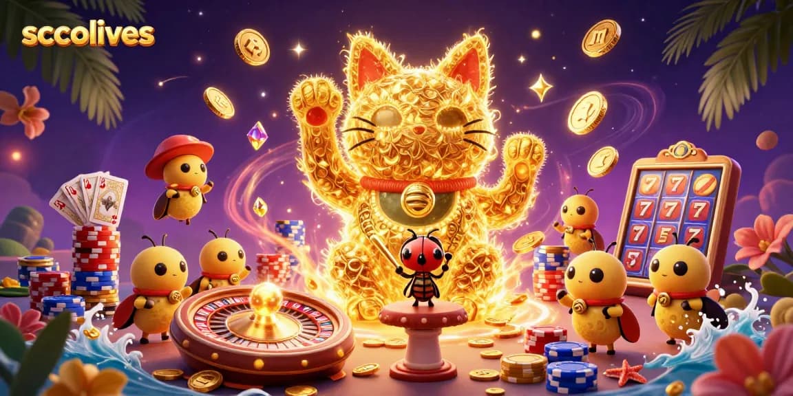 Socolives showcases a lively scene with golden fireflies forming a lucky cat among casino symbols, highlighting vibrant gambling excitement.