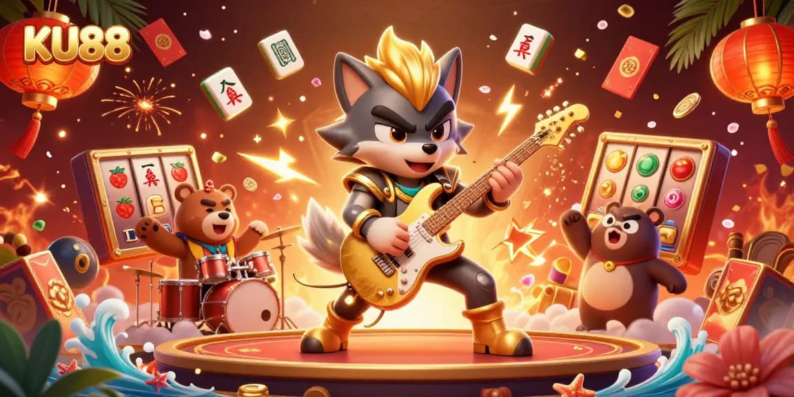 KU88 casino illustration showcasing animated characters with vibrant slot elements and festive decorations.