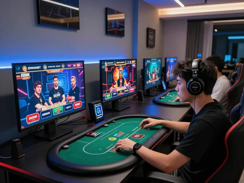 Usbet player immersed in multiple online casino games on a sleek gaming setup
