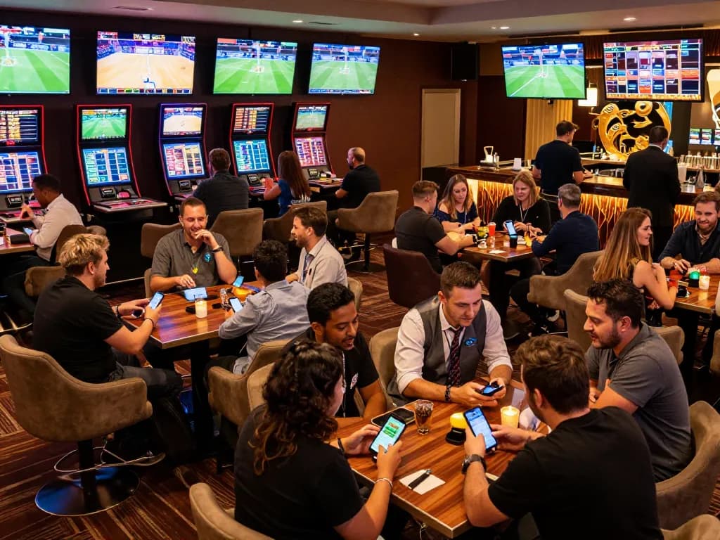 SOC88 live betting scene in a luxury casino lounge with excited bettors engaging on smartphones