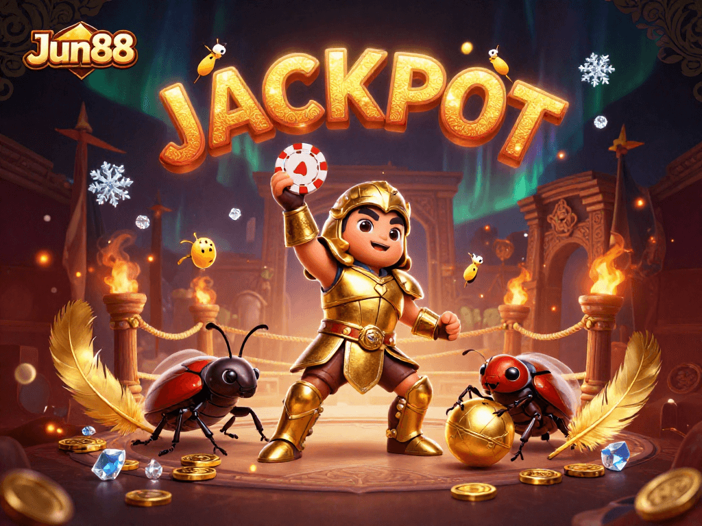 Bet on Jun88 with a victorious beetle lifting a poker chip in a vibrant casino scene.