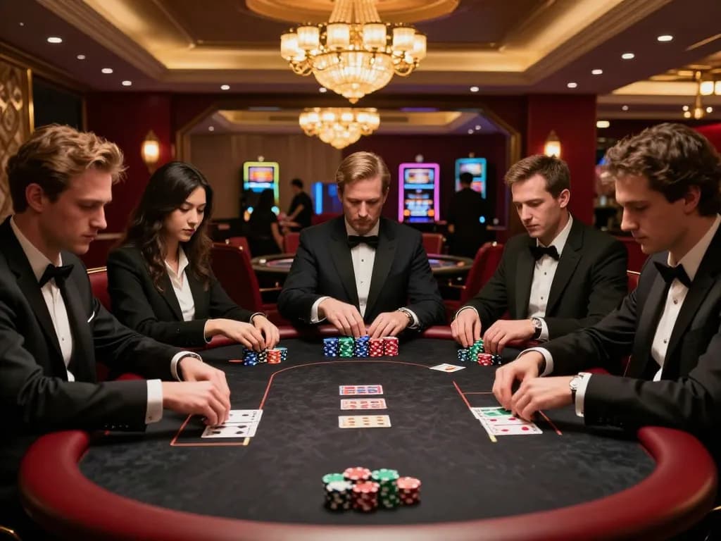 NoHu players strategizing around a high-stakes poker table in a luxurious casino atmosphere.