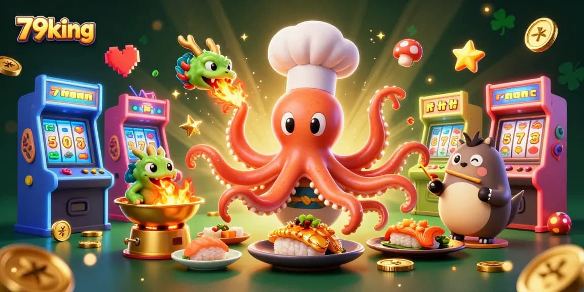 Experience vibrant gaming action with 79king as the sushi chef octopus serves golden dishes in a festive casino atmosphere.