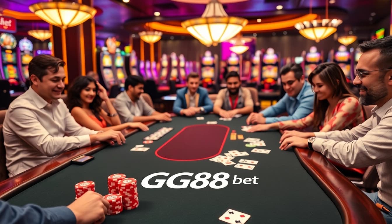 Gamblers thrill at the GG88 bet branded table with vibrant chips and cards in play.