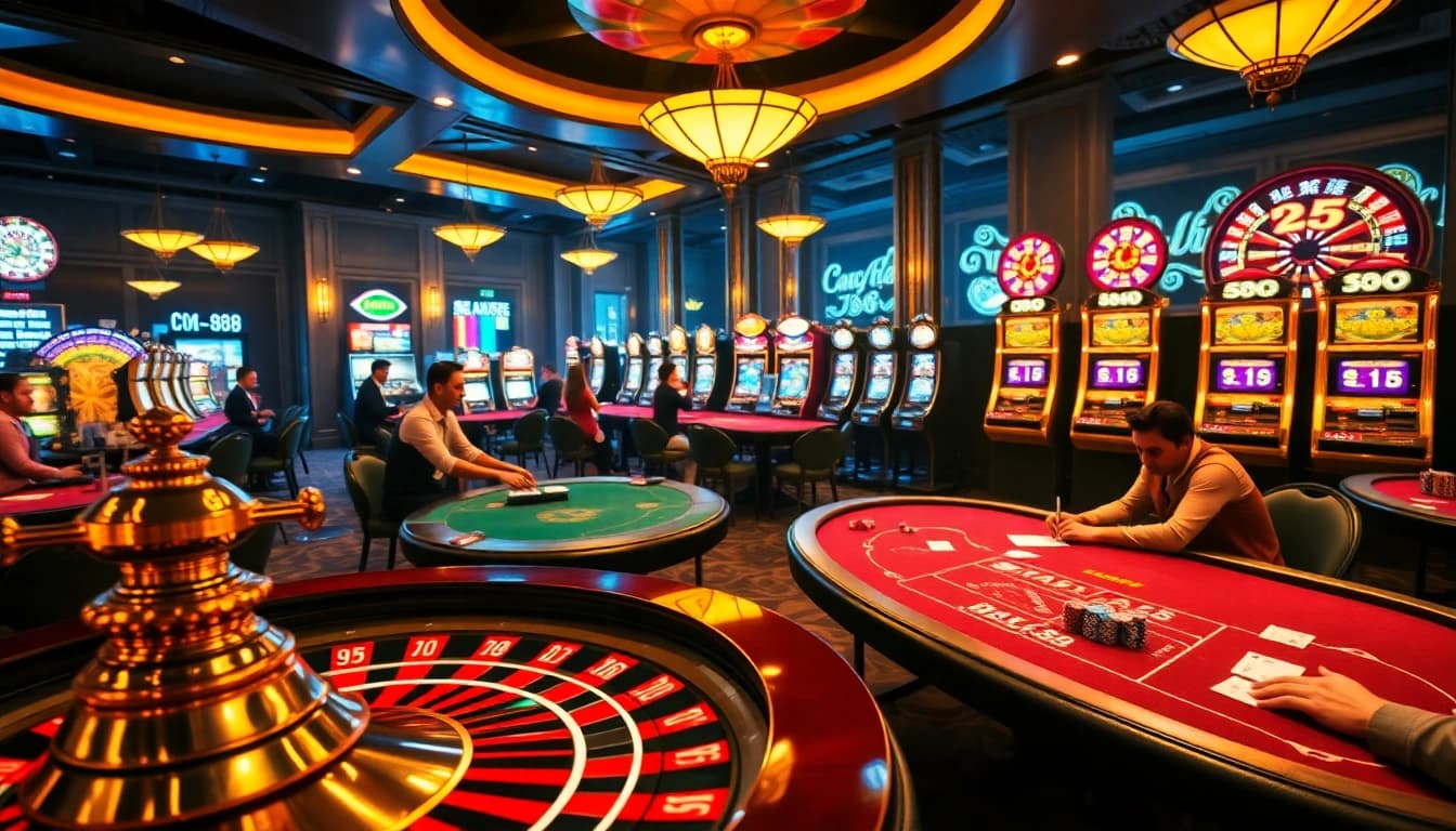 Exciting gambling scene at CM 88 with poker tables, lively roulette wheel, and slot machines.