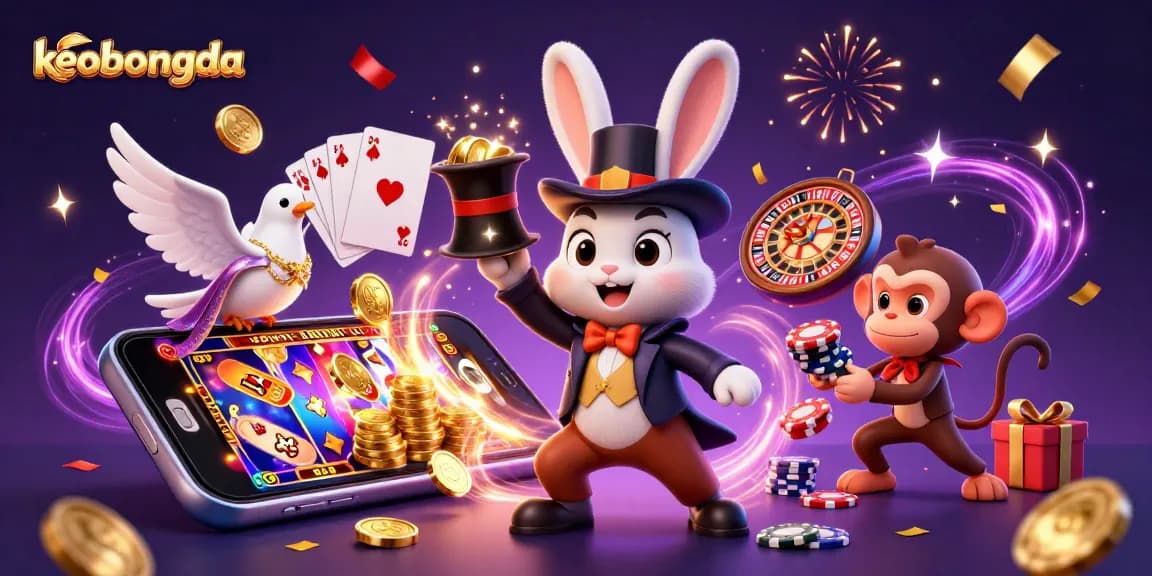 Experience thrilling gaming moments with keobongda's vibrant illustration featuring a magician rabbit and casino elements.