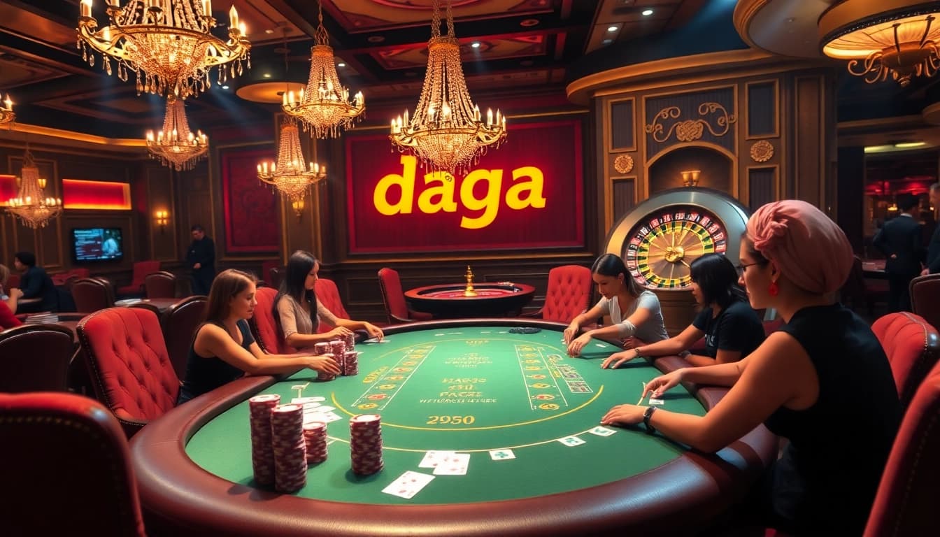 Daga casino players enjoying a high-stakes poker game at a luxurious table surrounded by vibrant decor.