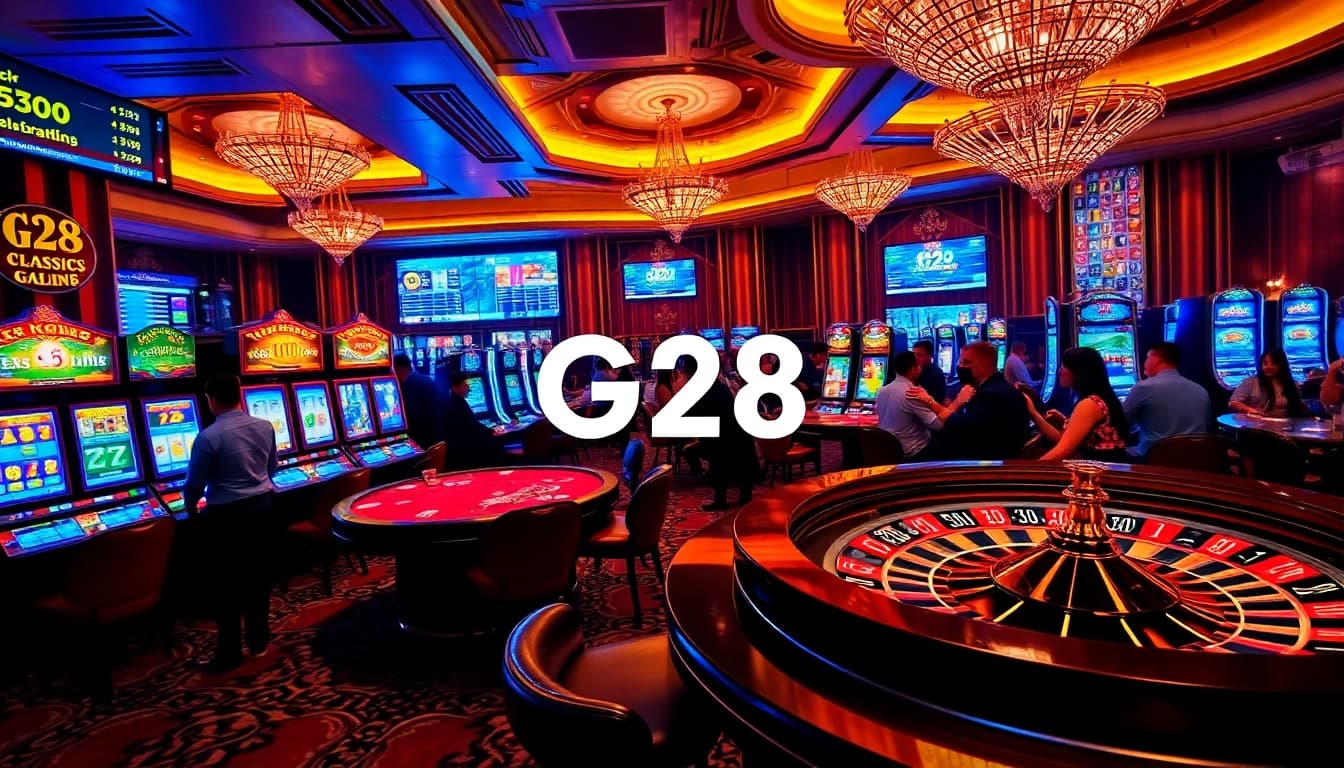 Enjoy high-stakes gaming at g28 com's vibrant online casino interface with slot machines and poker tables.