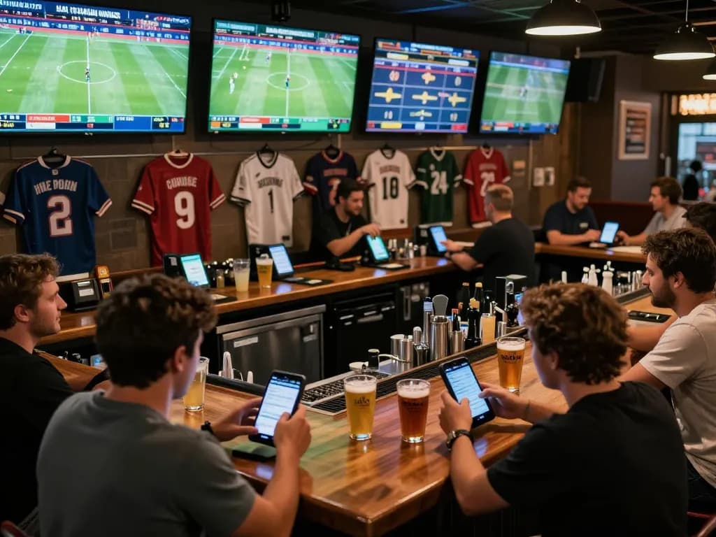 Engaging sports betting atmosphere with players utilizing Winbd Vip app on mobile devices, showcasing real-time wagering excitement.
