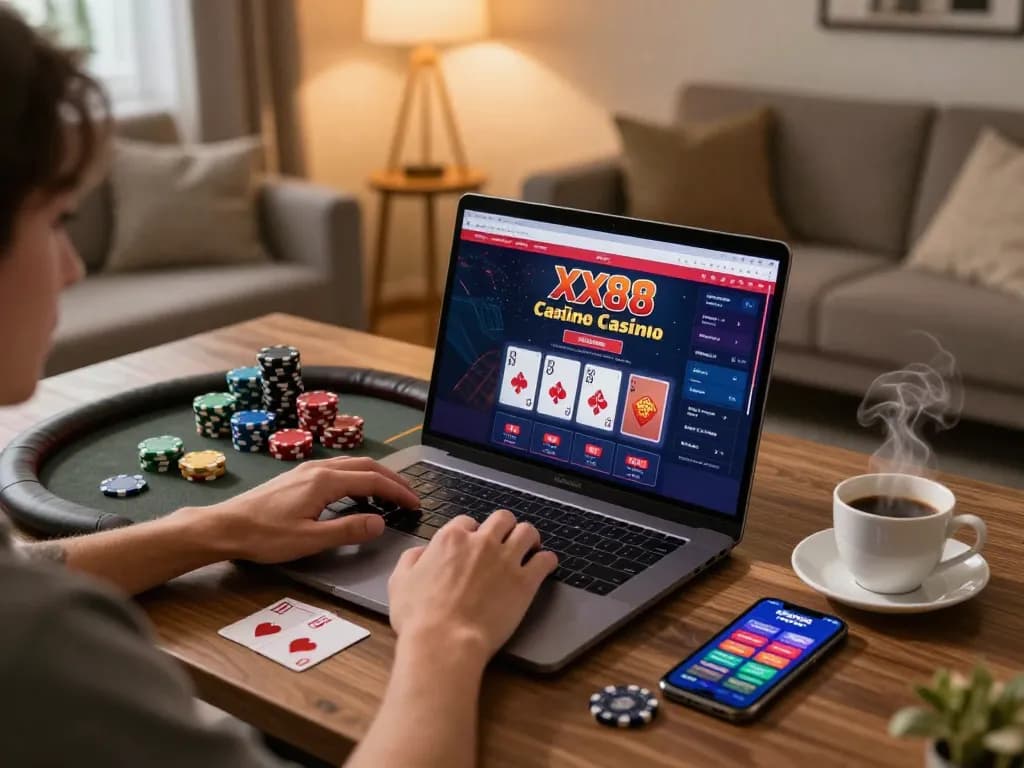 Person enjoying an online casino experience with XX88, showcasing gaming strategy and comfort.