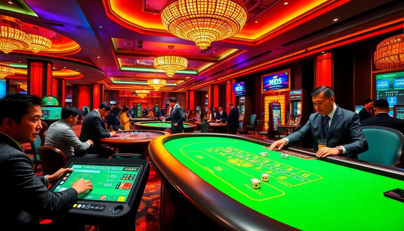 Tài xỉu MD5 game table in a vibrant casino setting with players engaged in strategic betting.