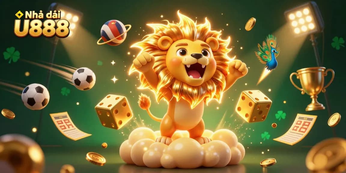 Engage with Nhà cái U888 in a vibrant 3D casino scene filled with dynamic sports elements.
