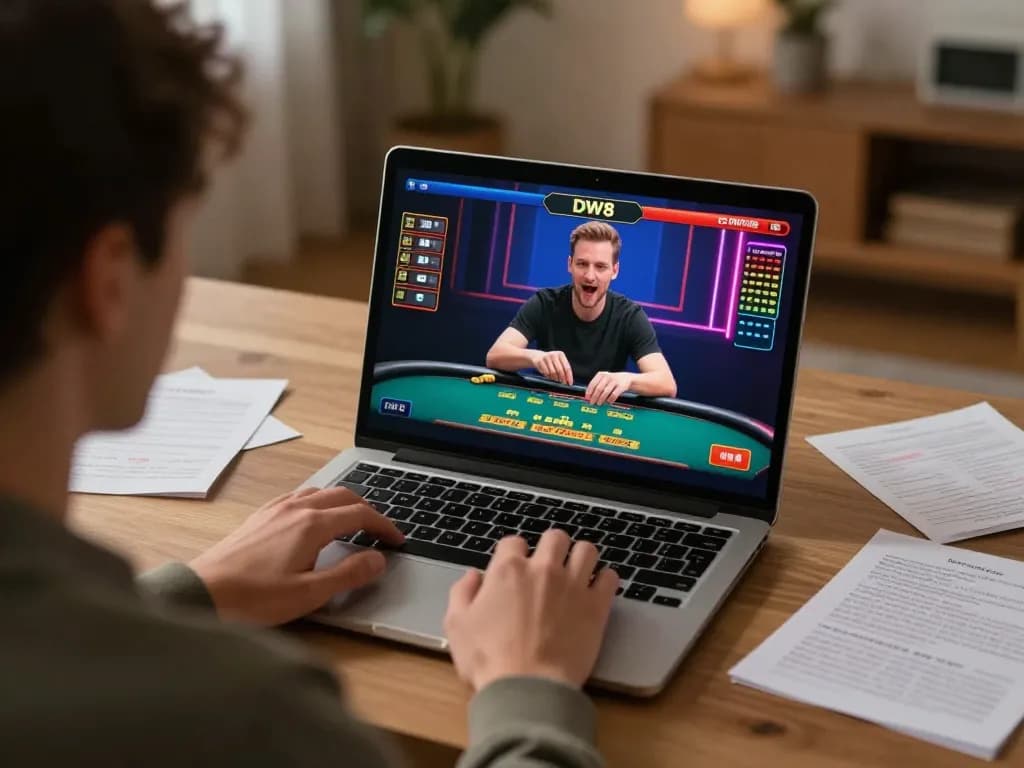 Engaged player enjoying DW8 with a live dealer setup on their laptop, showcasing strategic online gaming.