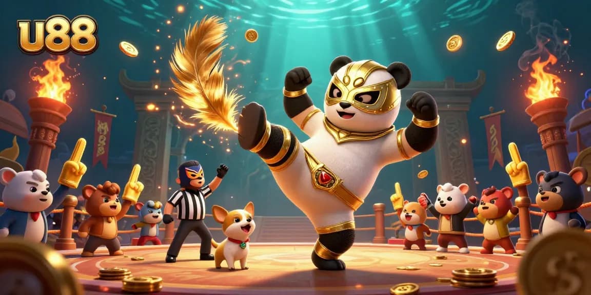 Experience thrilling gaming action at u88 with a vibrant 3D wrestling illustration featuring dynamic characters and casino elements.
