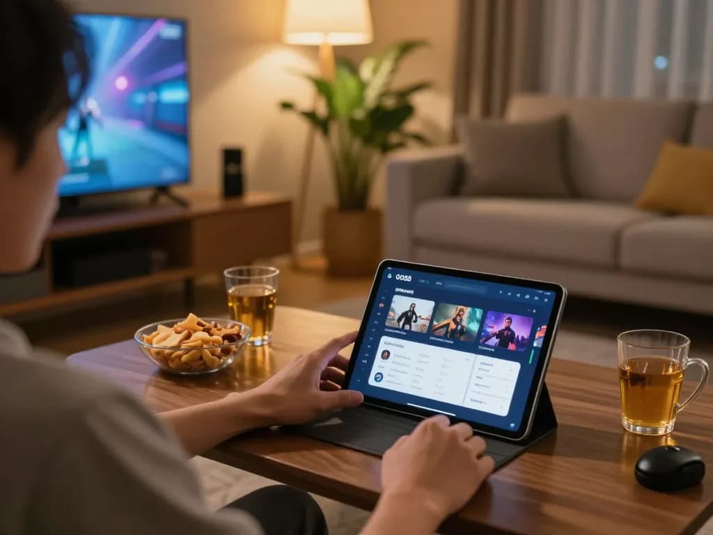 Engaging in online casino activity on the trang chủ go88 app, cozy home atmosphere, focus on strategy and comfort.