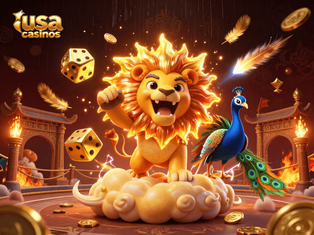 Play at usa online casinos with a 3D illustration showcasing a triumphant lion and dice amidst dynamic gaming elements.