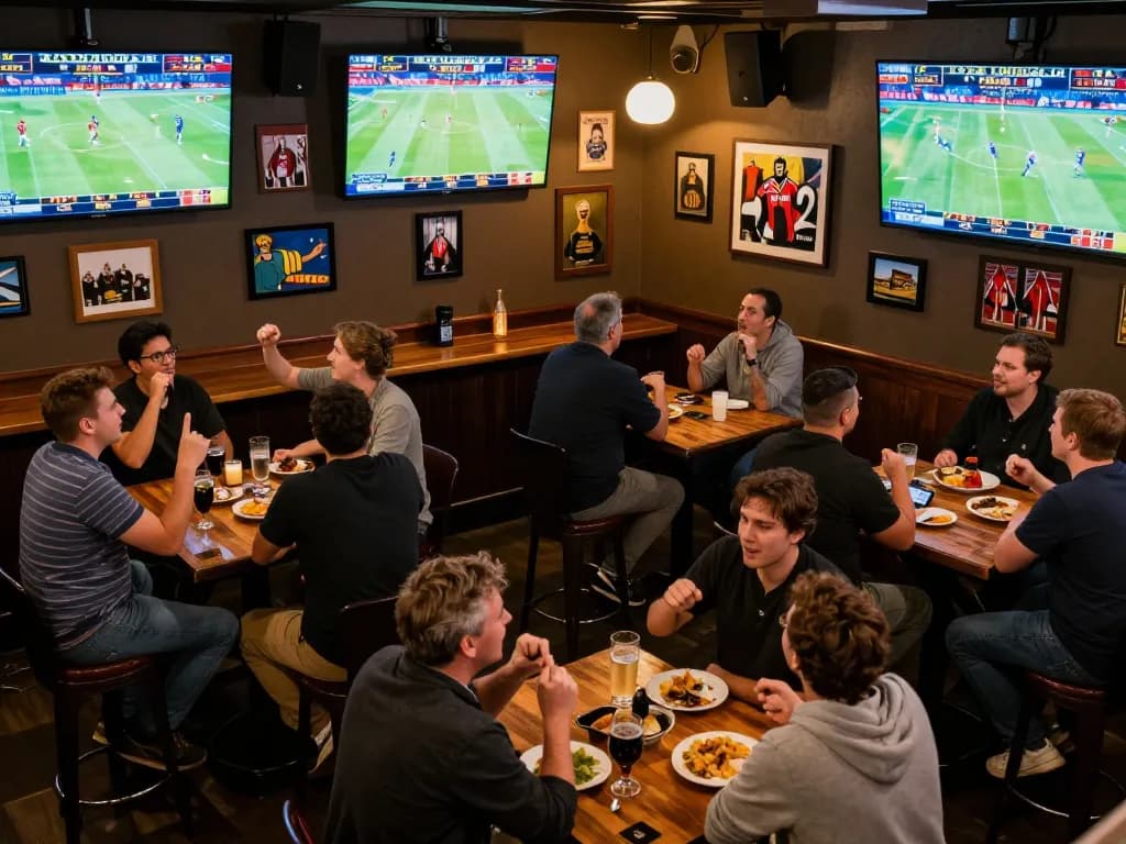 Engaging sports betting moment at a lively bar showcasing friends cheering for their bets at MANCLUB
